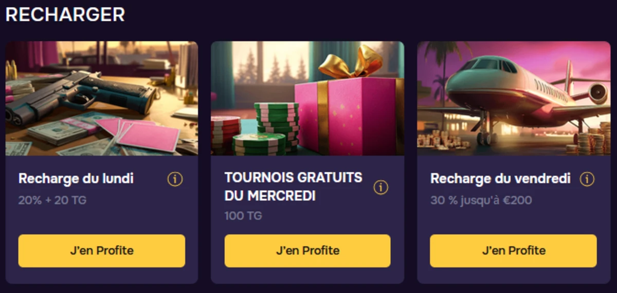 Page « Recharger » GTBet montrant des offres de recharge (lundi, vendredi) et un tournoi gratuit du mercredi.