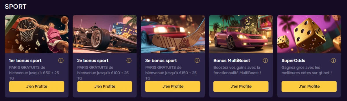 Section « Sport » GTBet avec bonus de paris sportifs, option MultiBoost et offre SuperOdds.