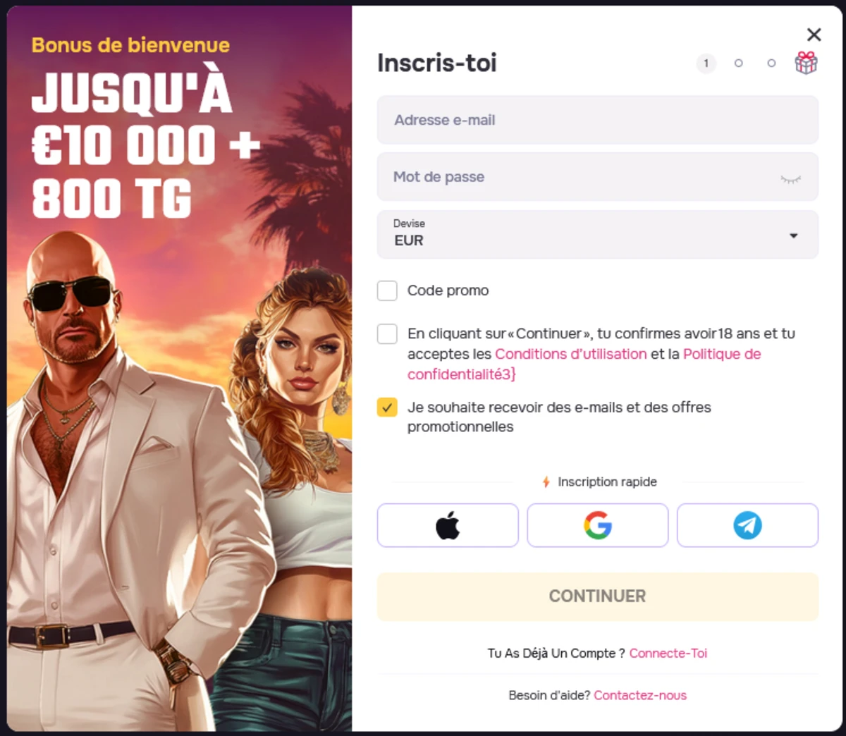 Fenêtre d’inscription GTBet avec formulaire (e-mail, mot de passe, devise) et visuel du bonus de bienvenue jusqu’à 10 000 € + 800 TG.