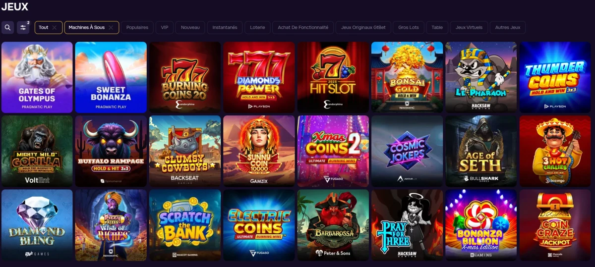 Catégorie « Machines à sous » GTBet avec filtres et vignettes de slots en grille." alt="Sélection de mini-jeux instantanés GTBet (Crash, Plinko, Dice, Limbo, Keno, Bingo, etc.).