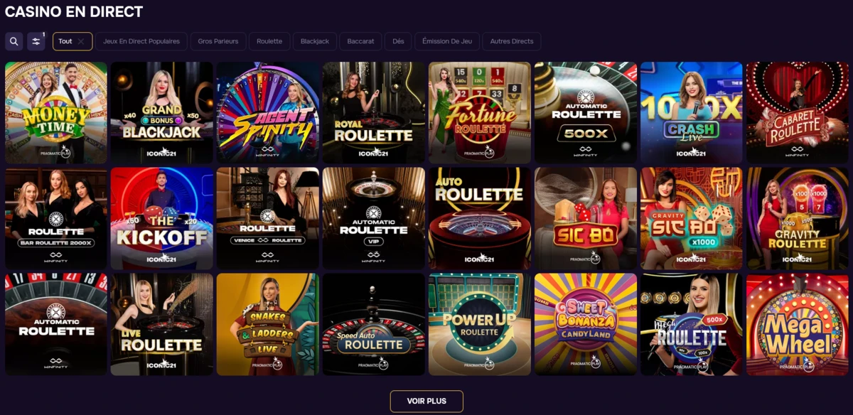 Page « Casino en direct » GTBet affichant des jeux live dealer : roulette, blackjack, sic bo, mega wheel, etc.