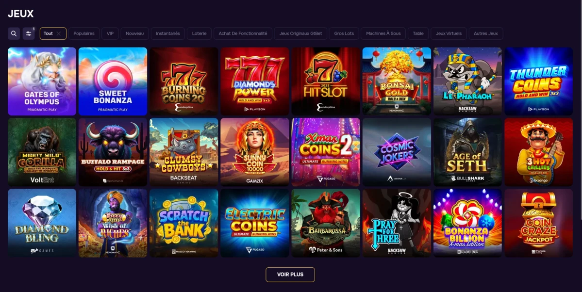 Catalogue des jeux de casino GTBet avec une grille de machines à sous (Gates of Olympus, Sweet Bonanza, etc.).