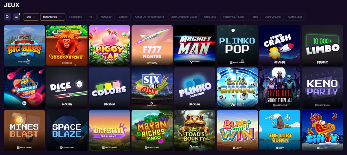 Sélection de mini-jeux instantanés GTBet (Crash, Plinko, Dice, Limbo, Keno, Bingo, etc.).