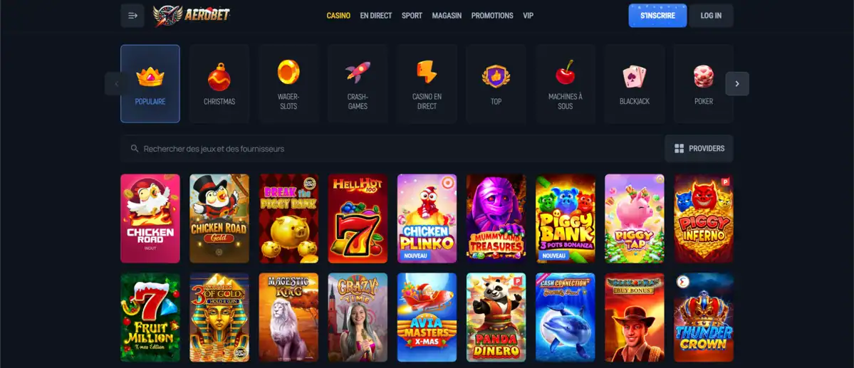 Page des jeux populaires montrant une grille colorée de machines à sous et jeux vedettes accessibles sur Aerobet.