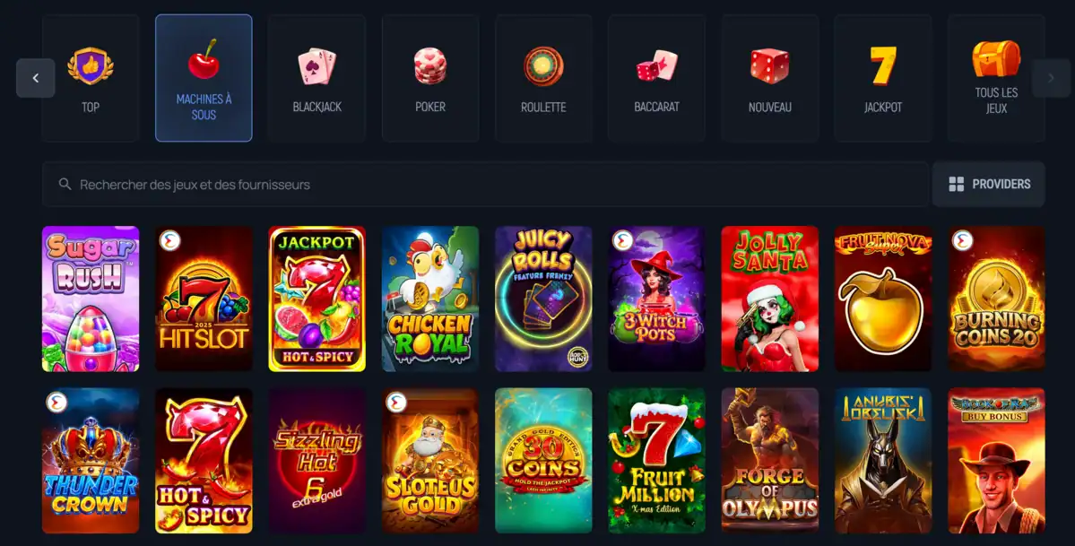 Section machines à sous avec filtres, fournisseurs et nombreuses slots visuelles comme Sugar Rush et Hot Spicy sur Aerobet.