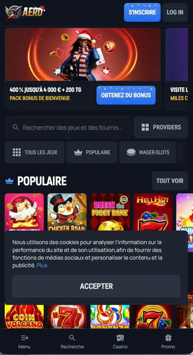 Version mobile du site affichant bonus de bienvenue, navigation simplifiée et sélection de jeux populaires sur Aerobet.