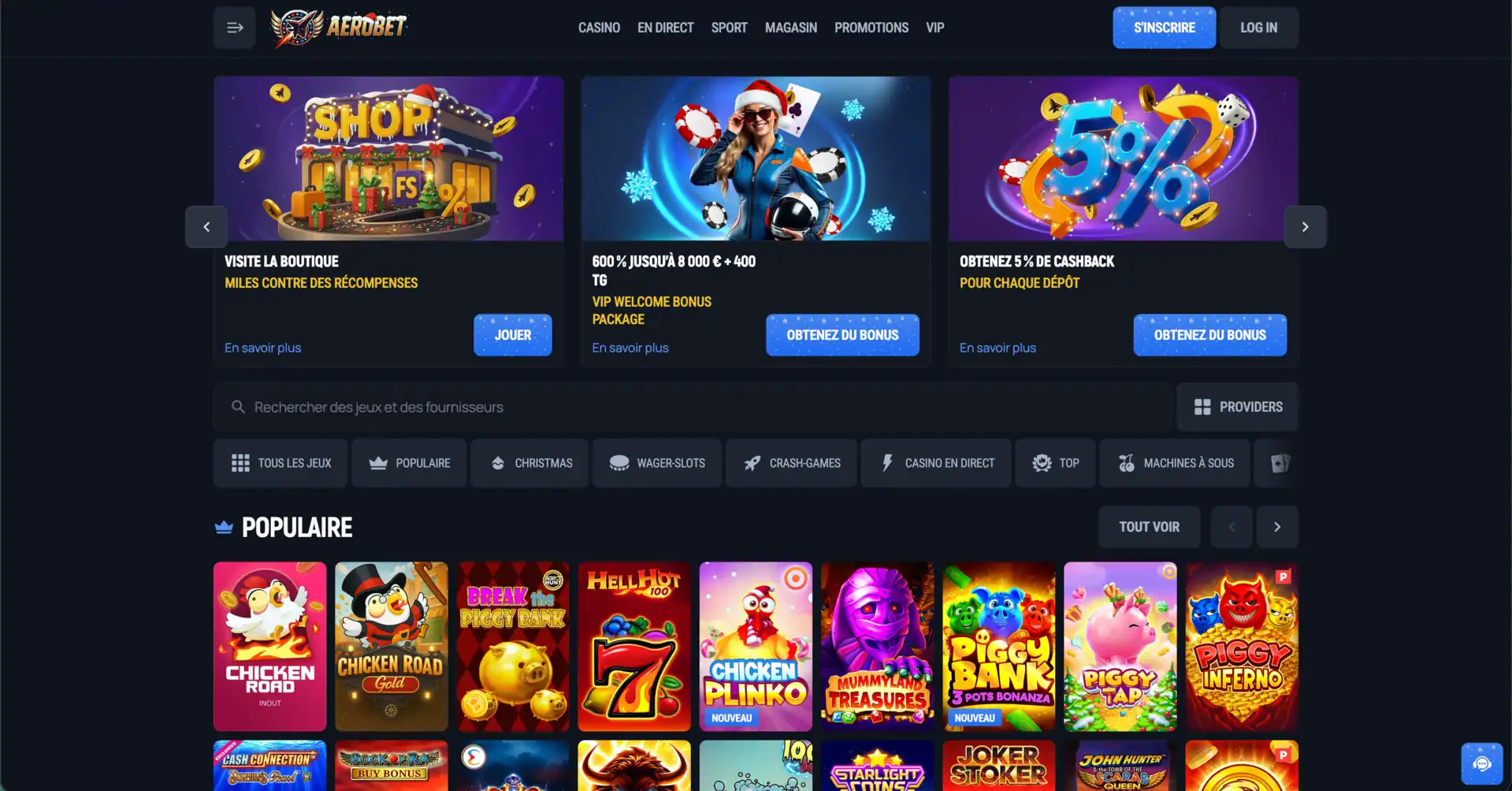 Page d’accueil mettant en avant le pack bonus, boutons d’inscription, catégories de jeux et bandeaux promotionnels sur Aerobet.