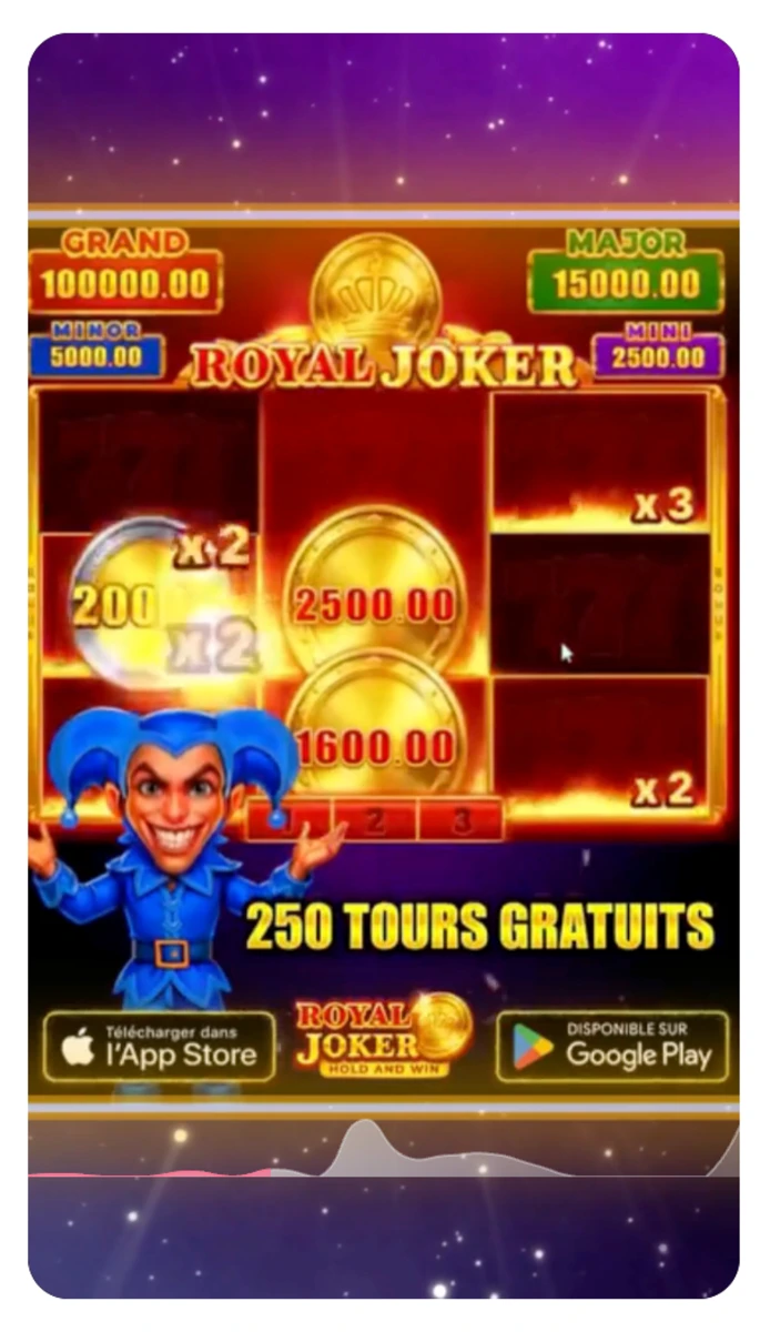 Capture d&rsquo;&eacute;cran d&rsquo;une publicit&eacute; TikTok pour le jeu de casino &laquo; Royal Joker &raquo; promettant 250 tours gratuits, avec jackpots (Grand, Major, Minor, Mini) et boutons App Store/Google Play.