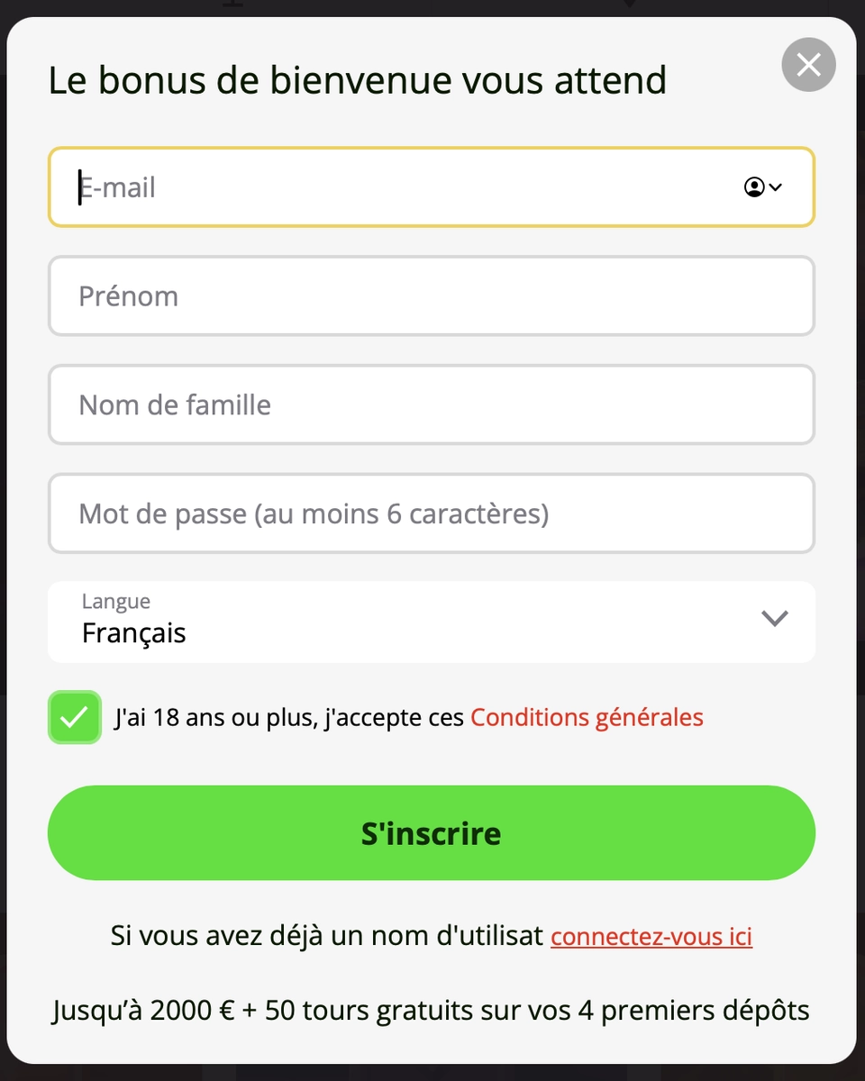 Fen&ecirc;tre d&rsquo;inscription du casino en ligne Slot7 affichant le formulaire de cr&eacute;ation de compte et le bonus de bienvenue jusqu&rsquo;&agrave; 2000 &euro; et 50 tours gratuits.