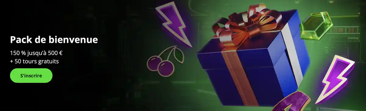 Banni&egrave;re promotionnelle du casino en ligne Slot7 affichant le pack de bienvenue avec un bonus de 150 % jusqu&rsquo;&agrave; 500 &euro; et 50 tours gratuits, illustr&eacute;e par un coffret cadeau bleu sur fond vert.