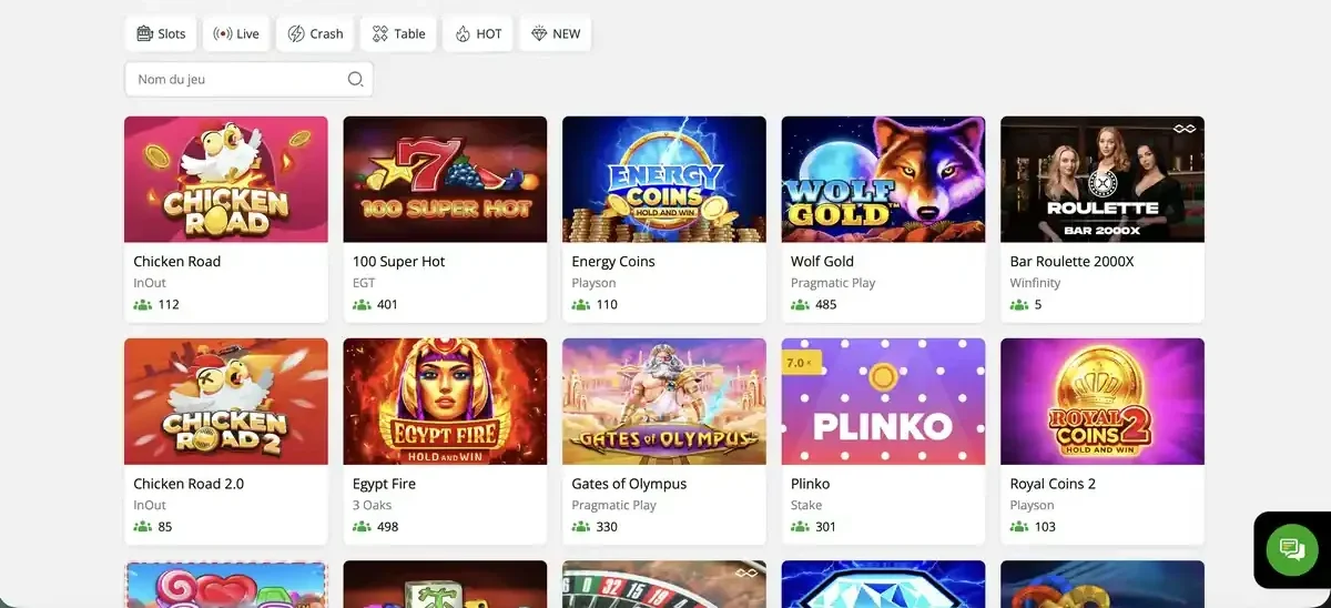 Page d&rsquo;accueil du catalogue de jeux du casino en ligne Slot7 en Belgique, montrant une grille de machines &agrave; sous populaires comme Chicken Road, Wolf Gold et Gates of Olympus avec leurs fournisseurs.