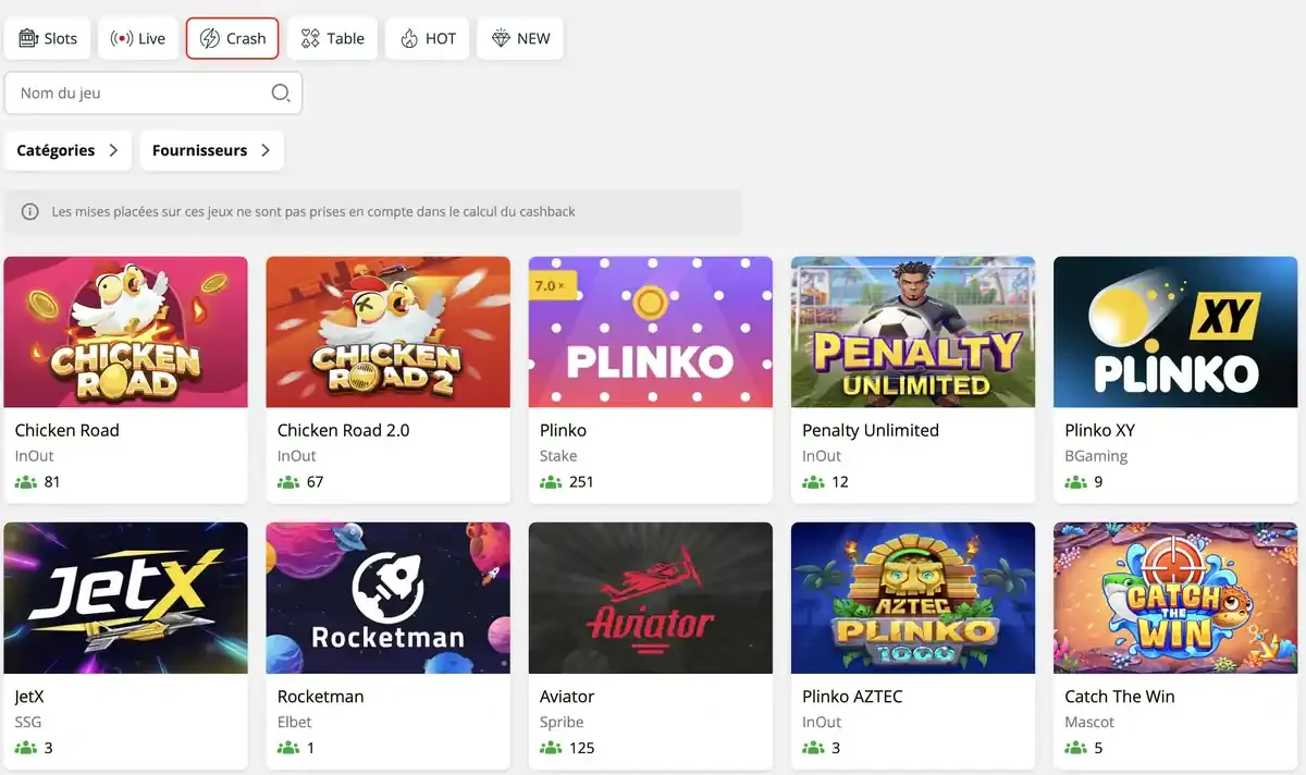 Onglet &laquo; Crash &raquo; du casino Slot7 montrant des jeux rapides comme Chicken Road, Plinko, Aviator et JetX avec leurs &eacute;diteurs respectifs.