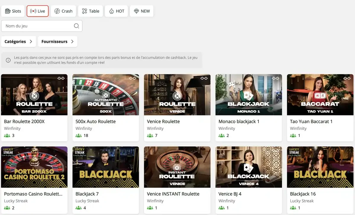 Section casino live de Slot7 affichant des jeux en direct comme la roulette, le blackjack et le baccarat, avec des tables sign&eacute;es Winfinity et Lucky Streak.