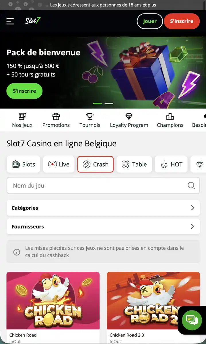 Page sur mobile du casino en ligne slot 7