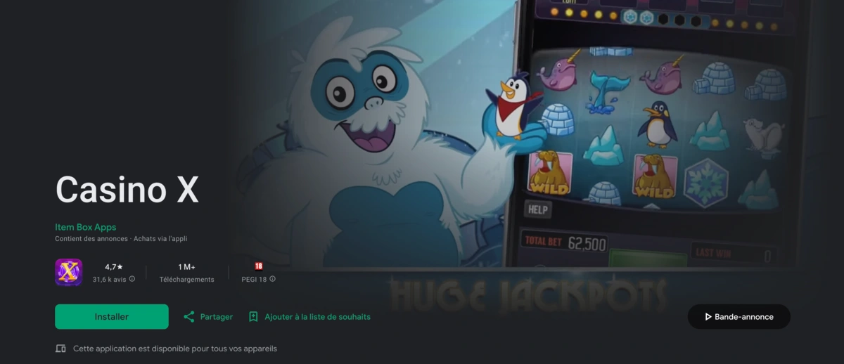 capture d'écran de l'application android de casino X