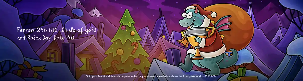 Bannière Noël Casino-X avec dragon Père Noël, lots Ferrari 296 GTS, or et Rolex.