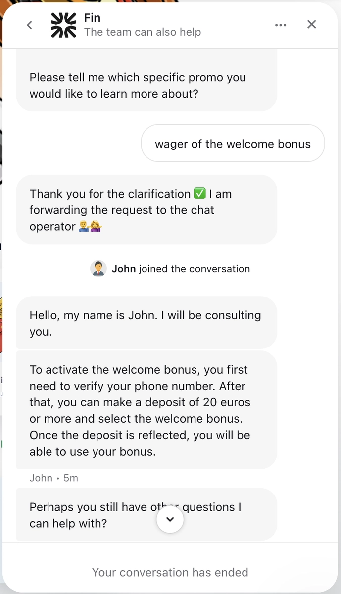 Chat support Casino-X montrant échange sur wagering du bonus bienvenue, vérification téléphone puis dépôt 20€.