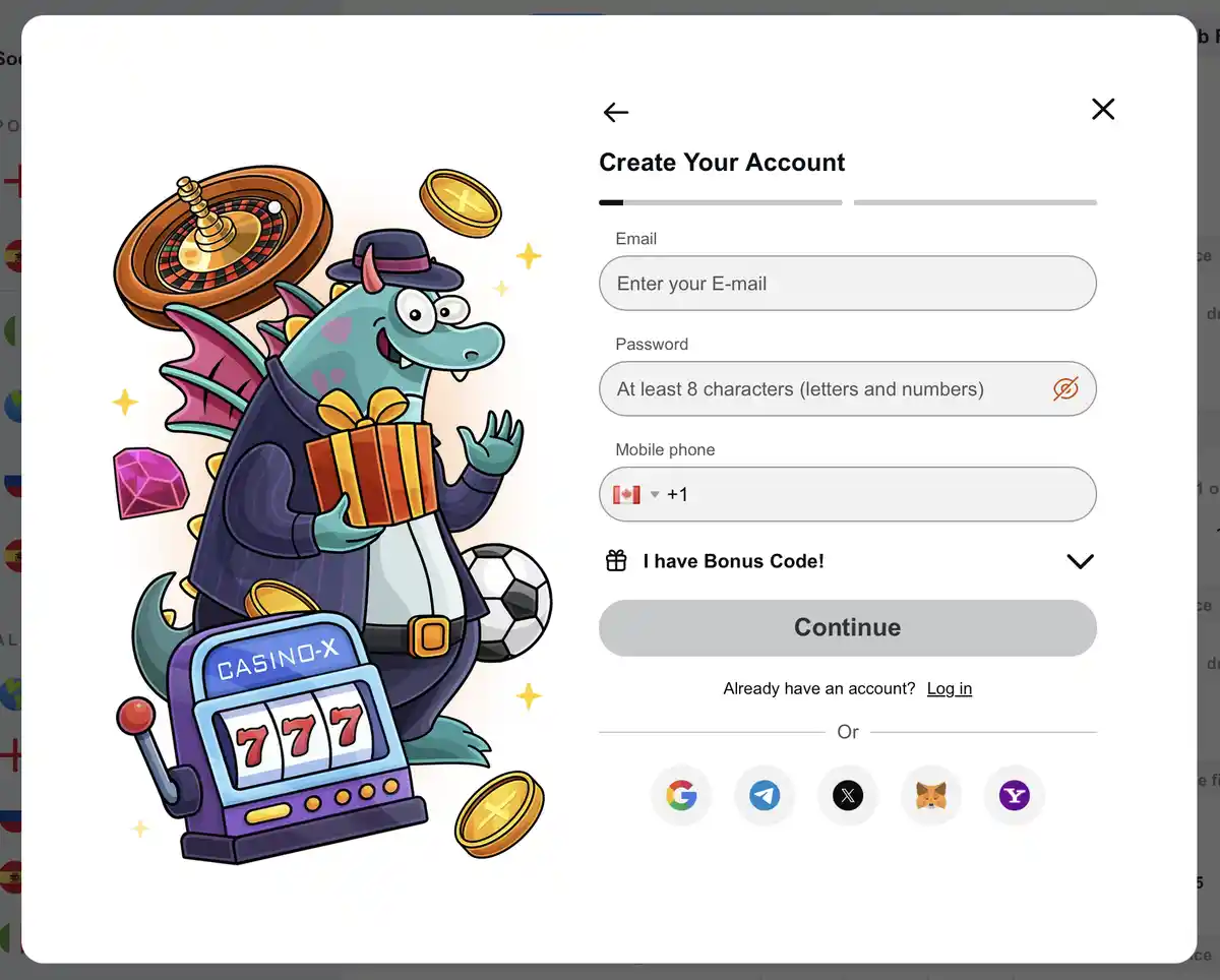 Formulaire d’inscription Casino-X affichant email, mot de passe, téléphone, code bonus et connexions sociales.