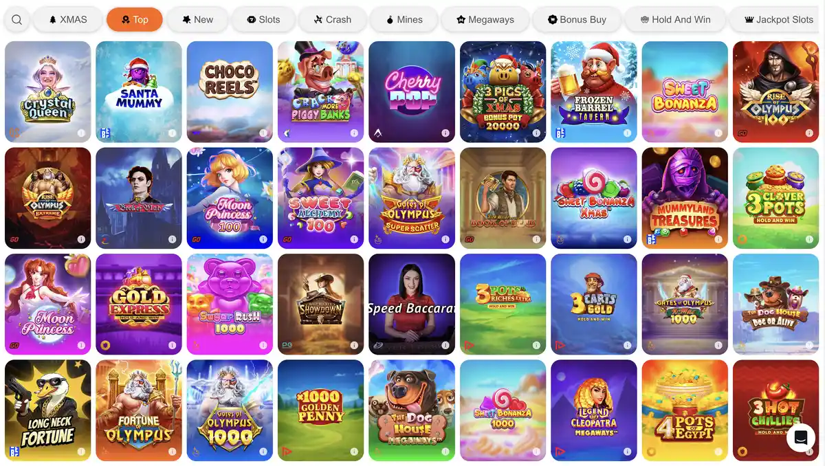 Bibliothèque de machines à sous Casino-X avec onglets Top, New, Megaways et vignettes de jeux.