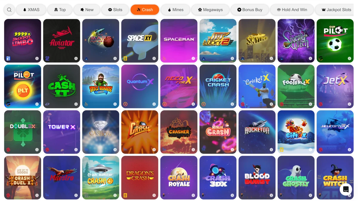 Catalogue Crash sur Casino-X affichant mini-jeux type Aviator, Spaceman, JetX et tuiles de sélection.