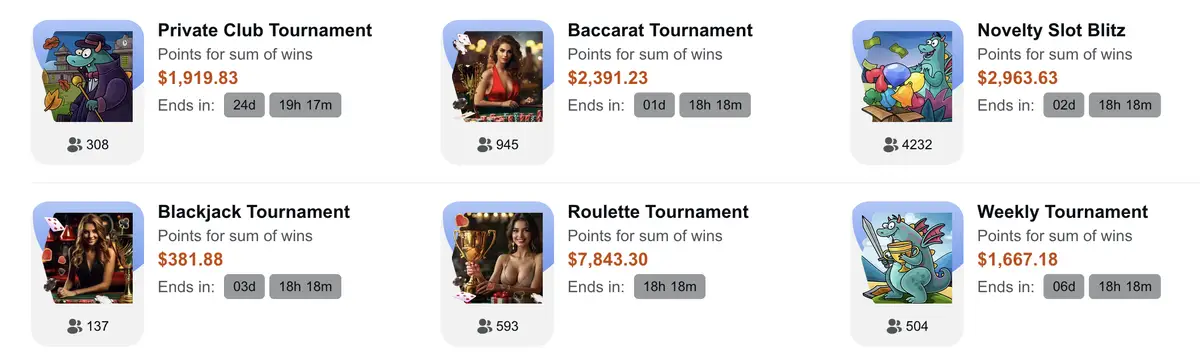 Page tournois Casino-X listant Private Club, Baccarat, Roulette et montants en euros avec compte à rebours.