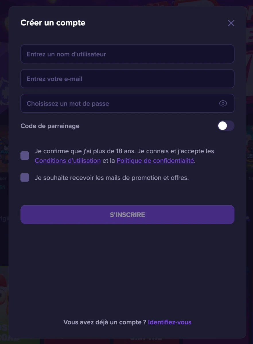 page pour s"inscrire sur le casino en ligne crazybet