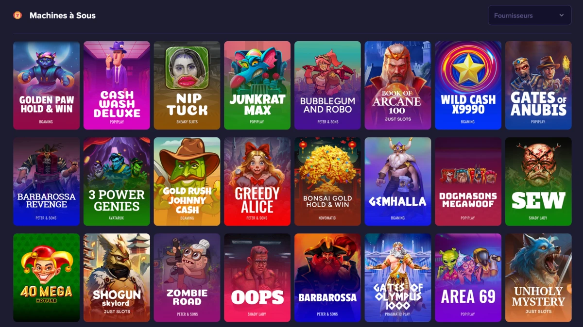 S&eacute;lection de machines &agrave; sous sur CrazyBet avec plusieurs slots affich&eacute;es en grille