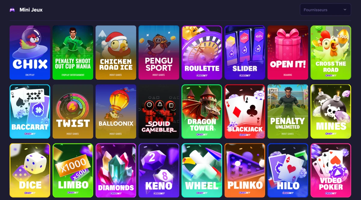 S&eacute;lection de mini-jeux sur CrazyBet avec jeux type plinko, mines, roulette et blackjack en vignettes