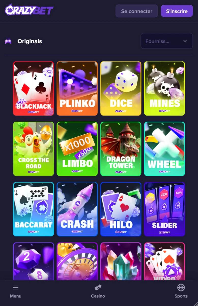 Version mobile de la section Originals sur CrazyBet avec la liste des jeux maison en grille