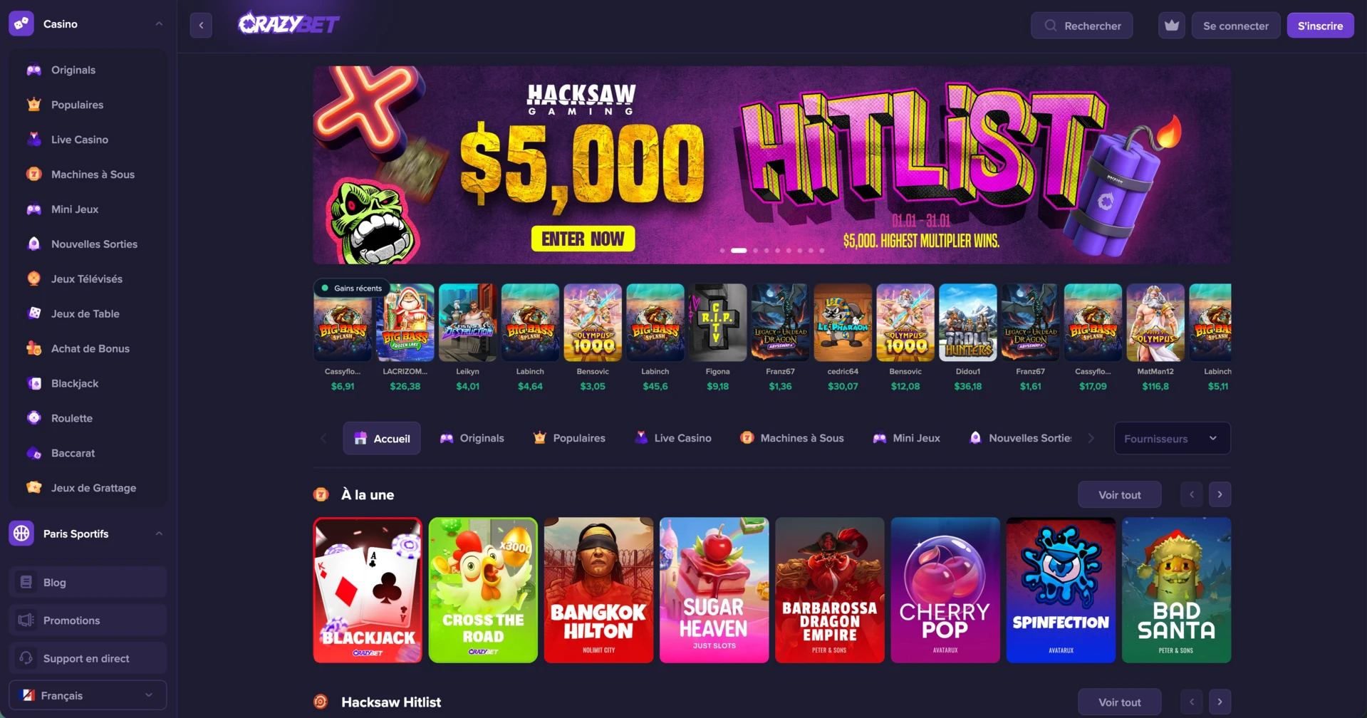 CrazyBet Casino affiche la page d&rsquo;accueil avec banni&egrave;re Hacksaw Gaming, jackpot 5 000 $, jeux populaires color&eacute;s et navigation compl&egrave;te du casino en ligne.