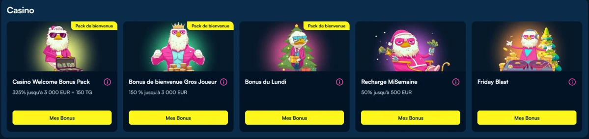 Section Casino de Fanobet pr&eacute;sentant cinq offres bonus (Casino Welcome Bonus Pack, Bonus de bienvenue Gros Joueur, Bonus du Lundi, Recharge MiSemaine, Friday Blast) avec mascottes et boutons &laquo; Mes Bonus
