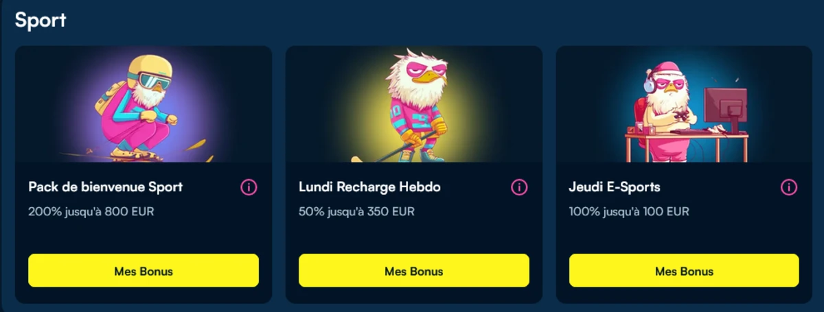 Section Sport de Fanobet avec trois cartes bonus : Pack de bienvenue Sport (200% jusqu&rsquo;&agrave; 800 EUR), Lundi Recharge Hebdo (50% jusqu&rsquo;&agrave; 350 EUR) et Jeudi E-Sports (100% jusqu&rsquo;&agrave; 100 EUR), bouton &laquo; Mes Bonus &raquo; sur chaque carte.