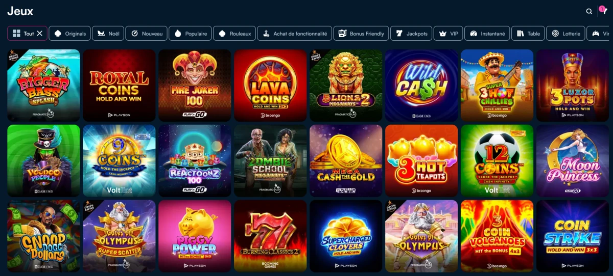 Page Fanobet &laquo; Jeux &raquo; avec barre de cat&eacute;gories (Tout, Originals, Nouveau, Populaire, Rouleaux, Jackpots, VIP, etc.) et grille de machines &agrave; sous affichant diff&eacute;rentes vignettes de jeux.