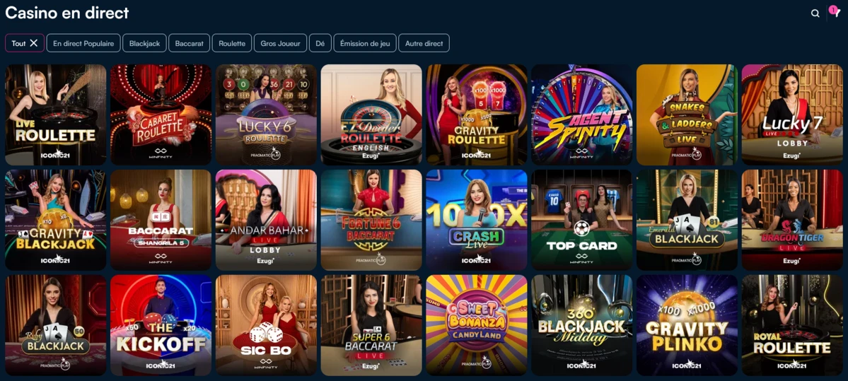 Page Fanobet &laquo; Casino en direct &raquo; avec filtres (Tout, En direct Populaire, Blackjack, Baccarat, Roulette, etc.) et grille de jeux live avec vignettes et croupiers, ic&ocirc;ne de recherche en haut &agrave; droite.