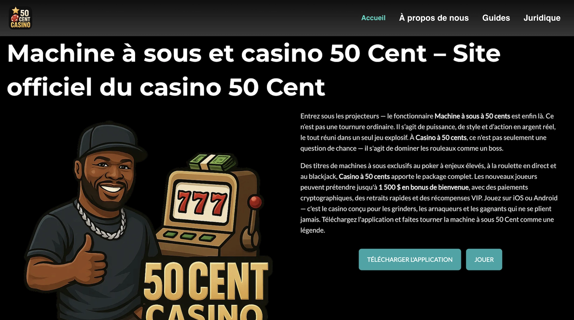 Illustration cartoon d&rsquo;un faux casino 50 Cent avec machine &agrave; sous 777 et personnage inspir&eacute; d&rsquo;un rappeur, page promotionnelle trompeuse pr&eacute;sentant un site de casino pr&eacute;tendument officiel