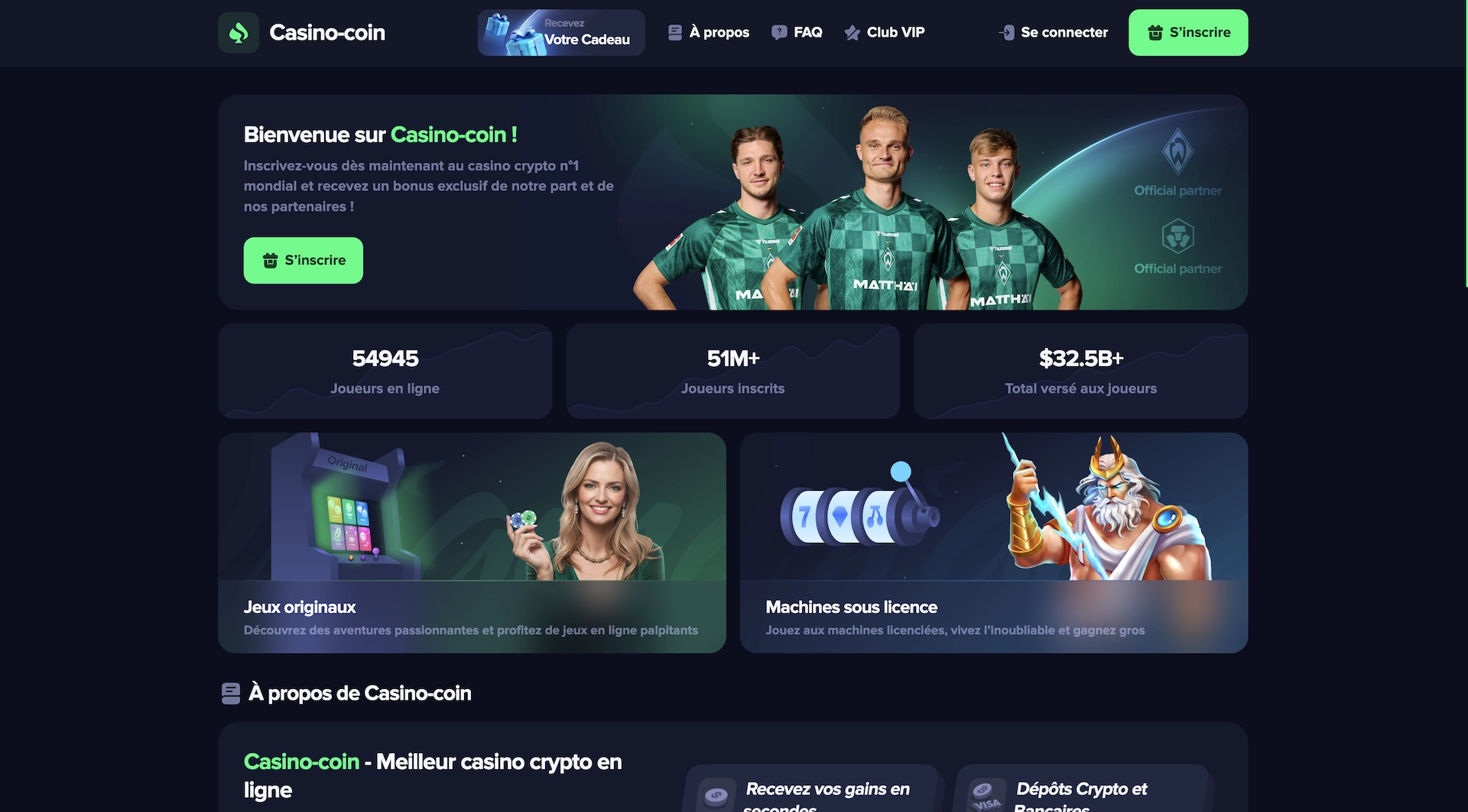 Page d&rsquo;accueil de Casino-coin en fran&ccedil;ais, site de casino crypto qui est une arnaque, avec des promesses marketing et bouton d&rsquo;inscription