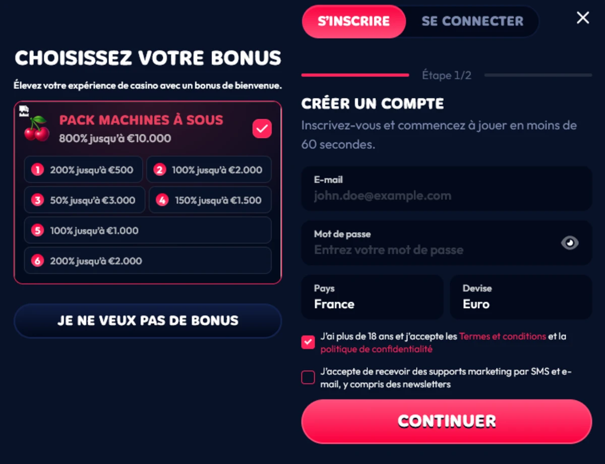 Page d&rsquo;inscription de Gambiva Casino montrant la s&eacute;lection du bonus et les champs pour cr&eacute;er un compte