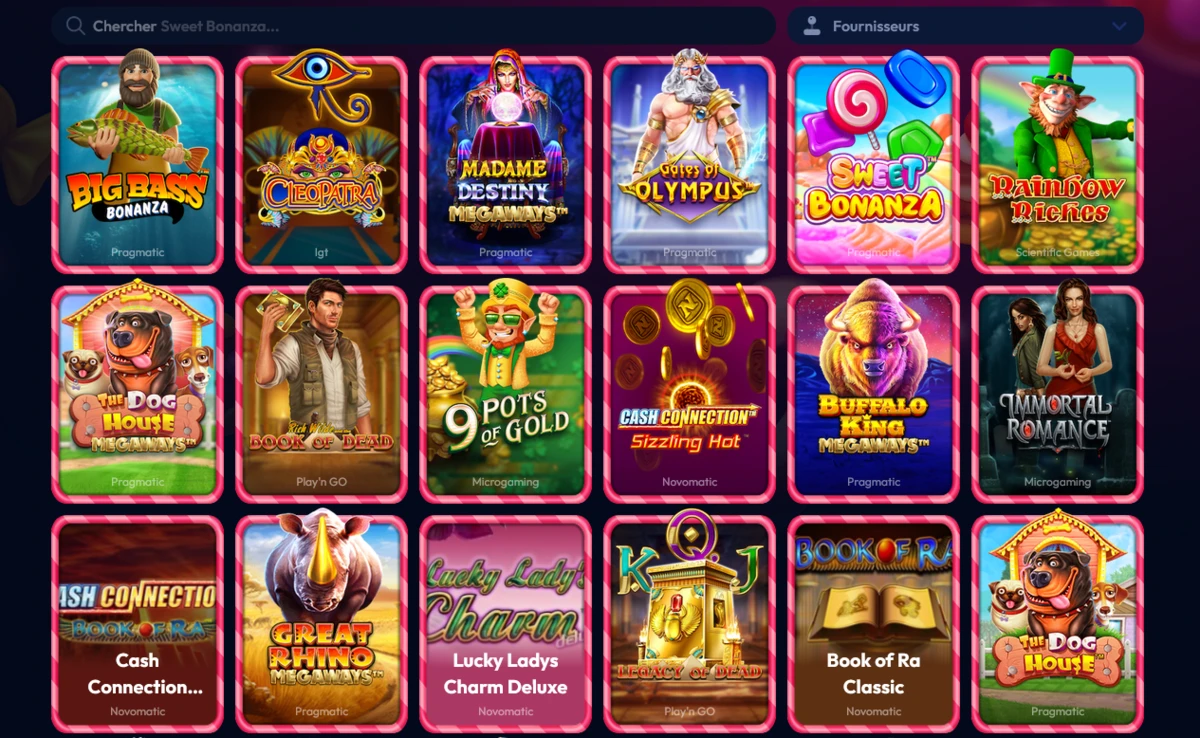 Galerie de machines &agrave; sous sur Gambiva Casino incluant Big Bass Bonanza Sweet Bonanza Book of Dead et Buffalo King Megaways