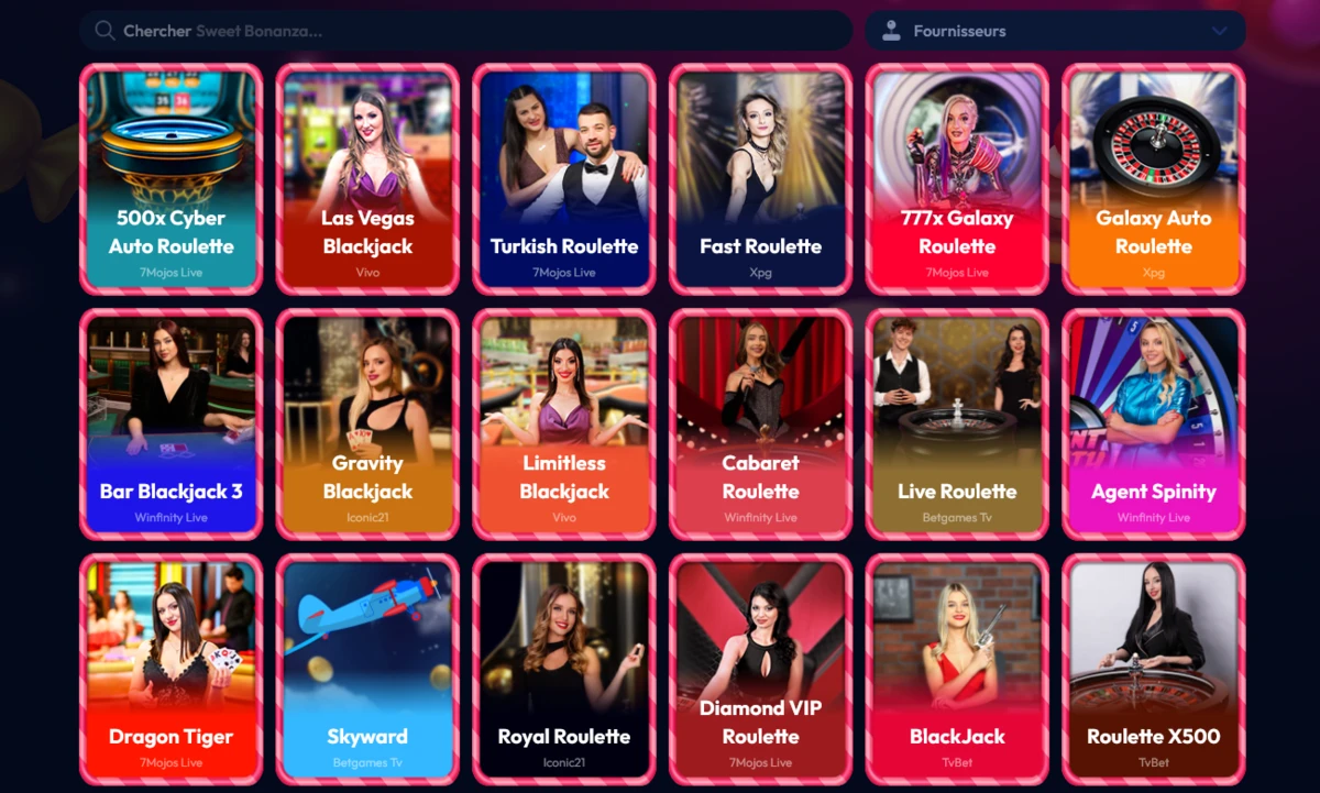 Section casino en direct de Gambiva Casino affichant diff&eacute;rentes tables de roulette blackjack et jeux TV