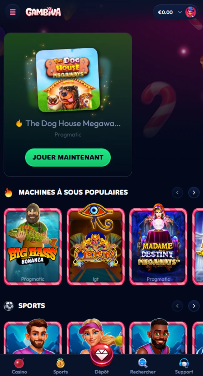 Version mobile de Gambiva Casino pr&eacute;sentant les jeux populaires comme The Dog House Megaways et Big Bass Bonanza