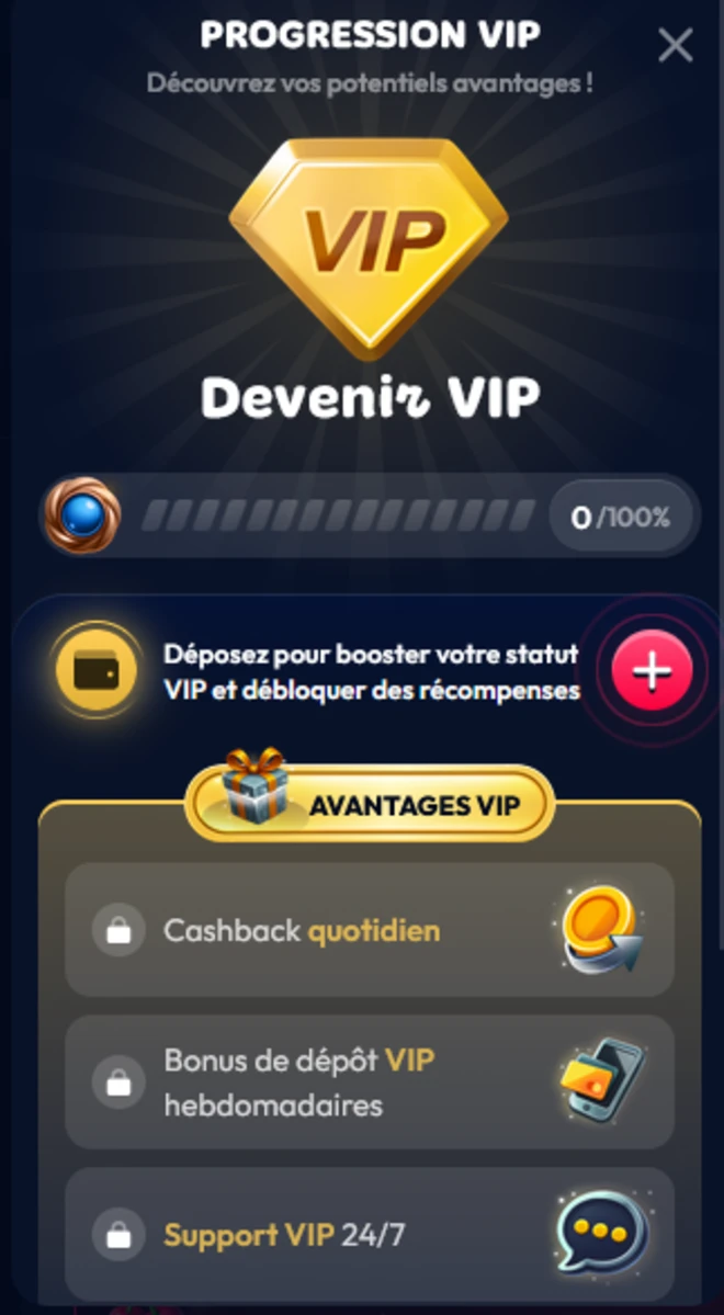 Progression VIP sur Gambiva Casino avec aper&ccedil;u des avantages comme cashback quotidien et retraits plus rapides