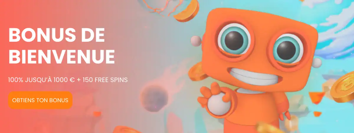 HugoBets Casino affiche un bonus de bienvenue avec mascotte orange souriante, pièces en suspension et offre 100 % plus free spins.