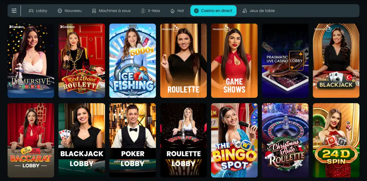 HugoBets Casino présente le casino en direct avec croupières souriantes, roulette, blackjack, baccarat et jeux live interactifs.
