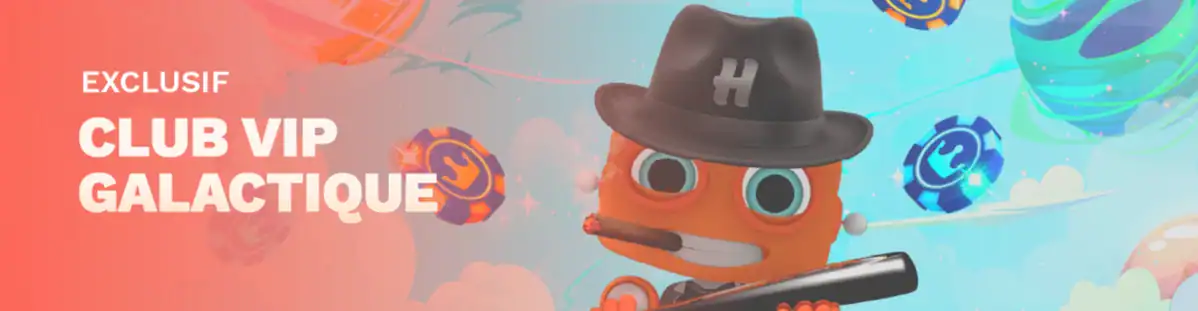 HugoBets Casino présente le club VIP galactique avec mascotte élégante, jetons flottants et univers premium réservé aux joueurs fidèles.