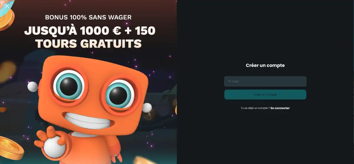 HugoBets Casino affiche la page d’inscription avec mascotte orange souriante, bonus 100 % sans wager et formulaire de création de compte.