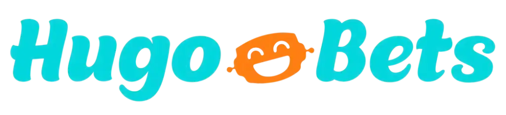 HugoBets Casino présente son logo officiel avec typographie arrondie turquoise et mascotte souriante orange au centre.