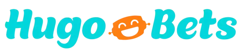 HugoBets Casino présente son logo officiel avec typographie arrondie turquoise et mascotte souriante orange au centre.
