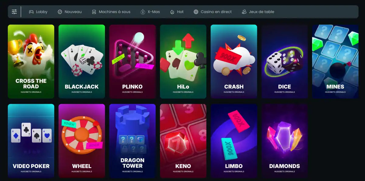 HugoBets Casino met en avant les mini-jeux avec icônes modernes de blackjack, plinko, crash, dés et mines au design épuré.