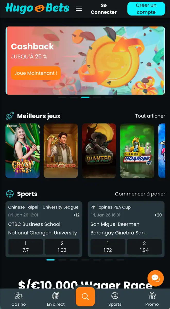 HugoBets Casino montre l’interface mobile avec bannière cashback, mascotte animée, meilleurs jeux affichés et section paris sportifs.