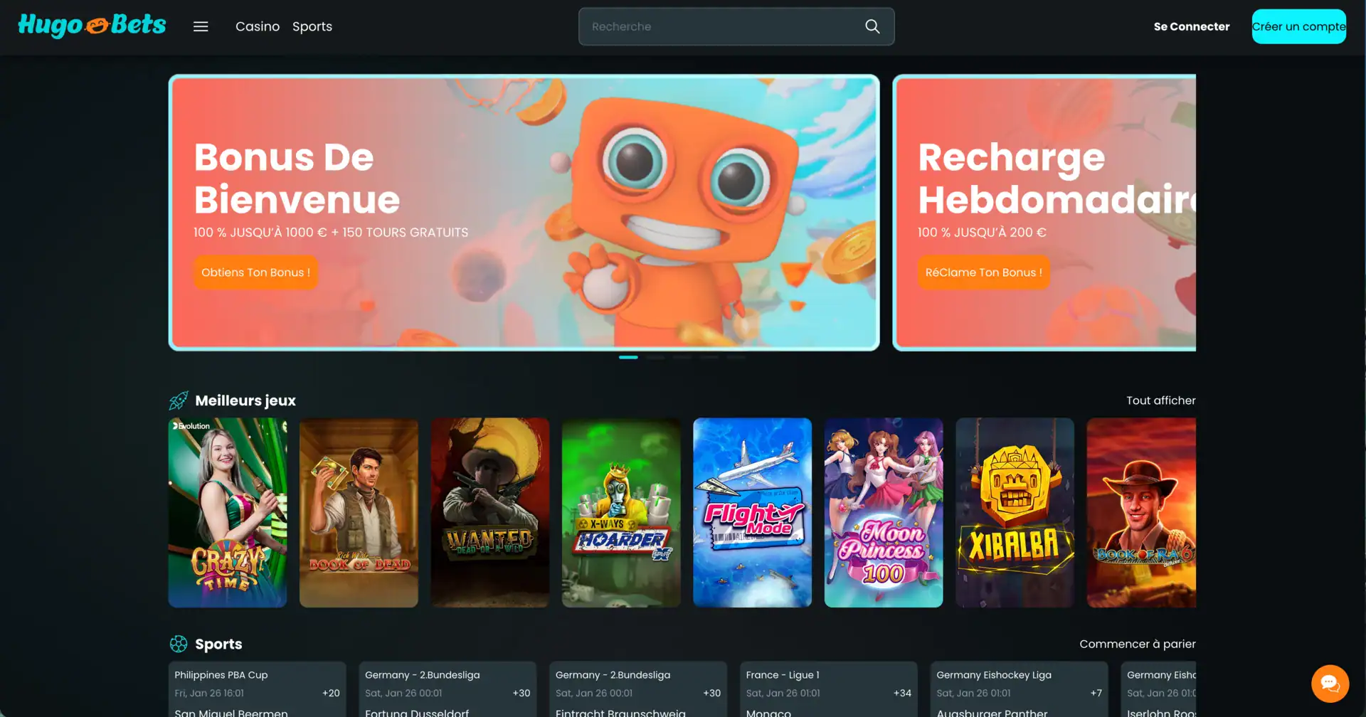 HugoBets Casino affiche la page d’accueil avec bonus de bienvenue, recharge hebdomadaire, mascotte orange et sélection de jeux populaires.